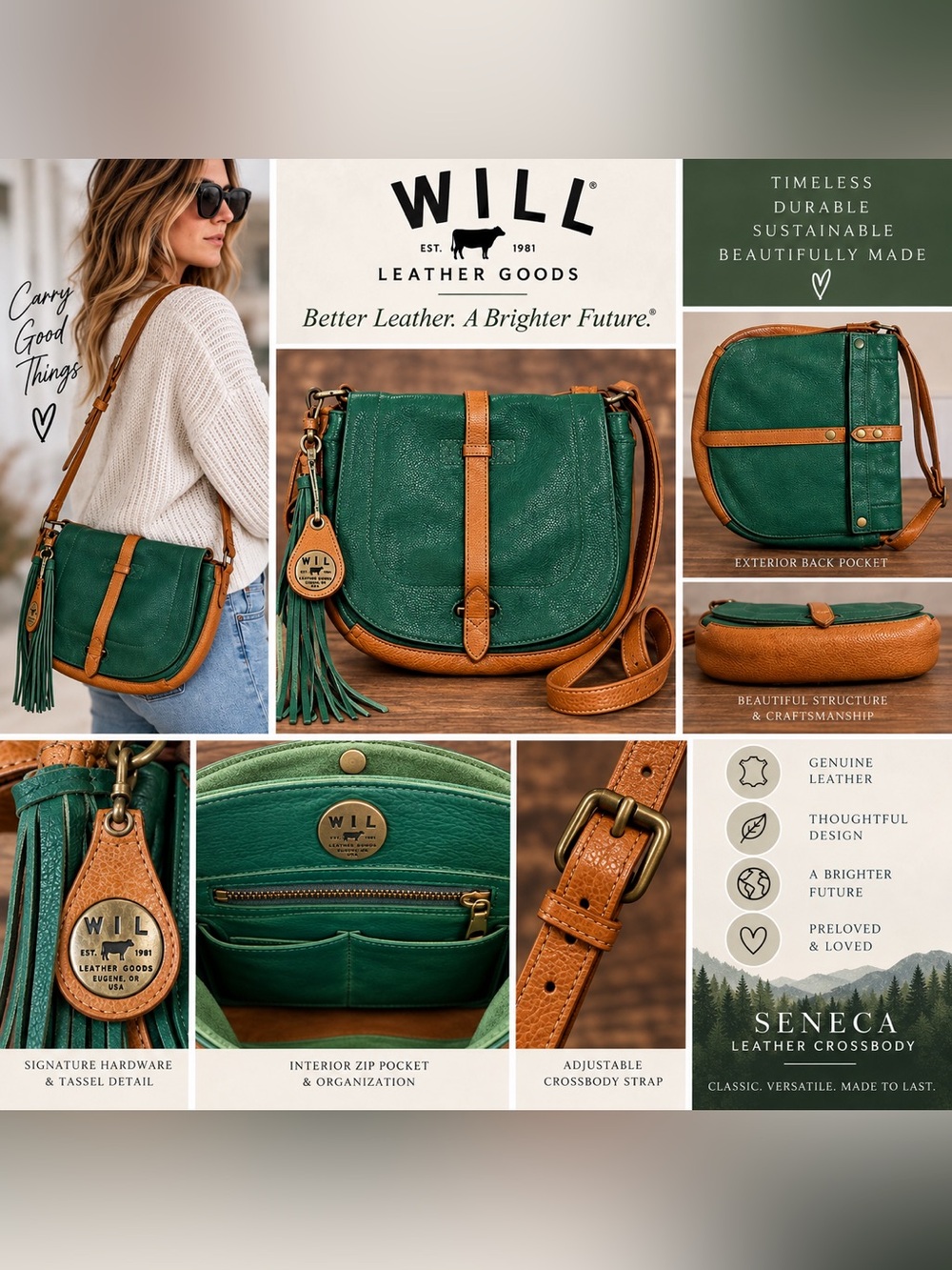 WILL Leather Goods Seneca Leather Crossbody Bag Green & Cognac
